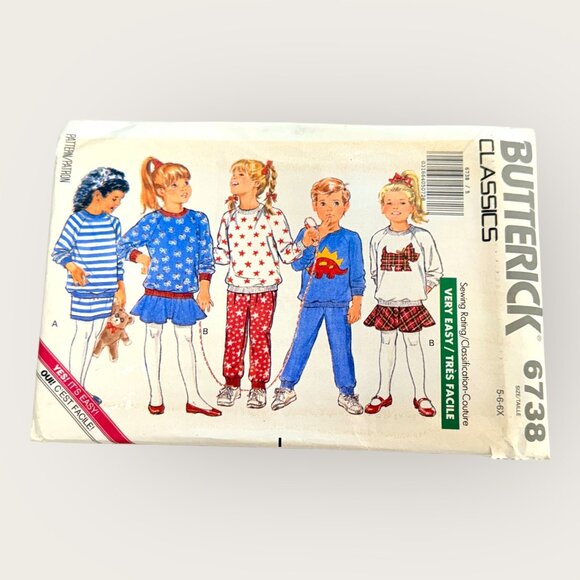 Vintage 1980s Butterick Sewing Pattern 6738 Childrens Top Skirt Pants Size 5-6X - Picture 1 of 2